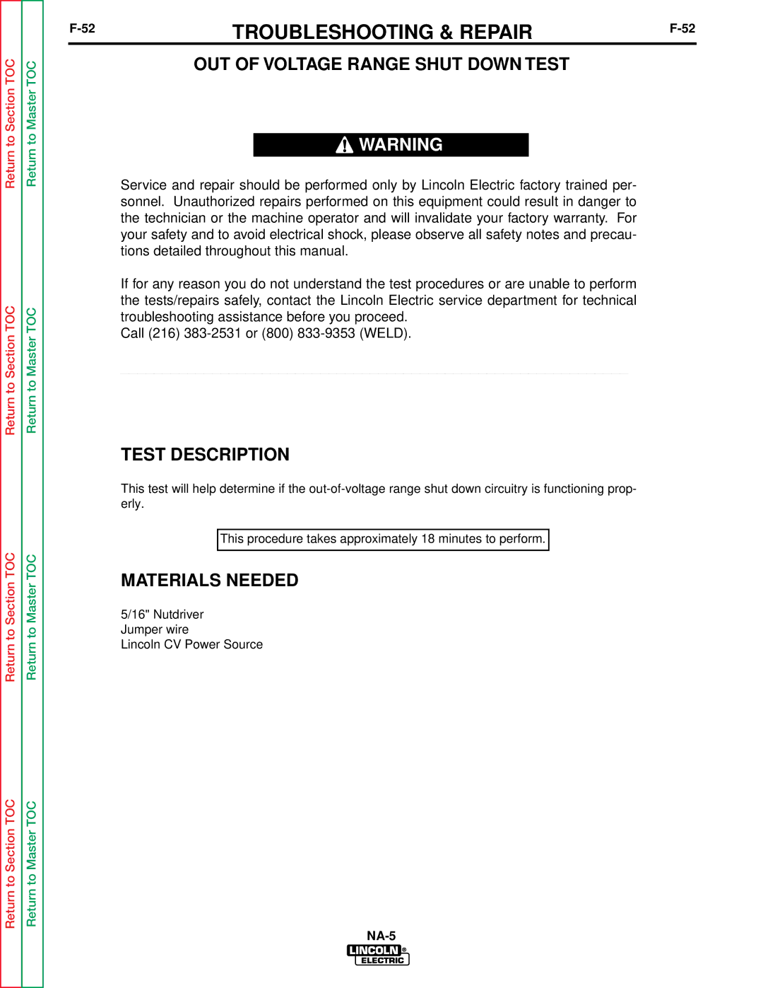 Lincoln Electric NA-5NF, NA-5SF service manual OUT of Voltage Range Shut Down Test 