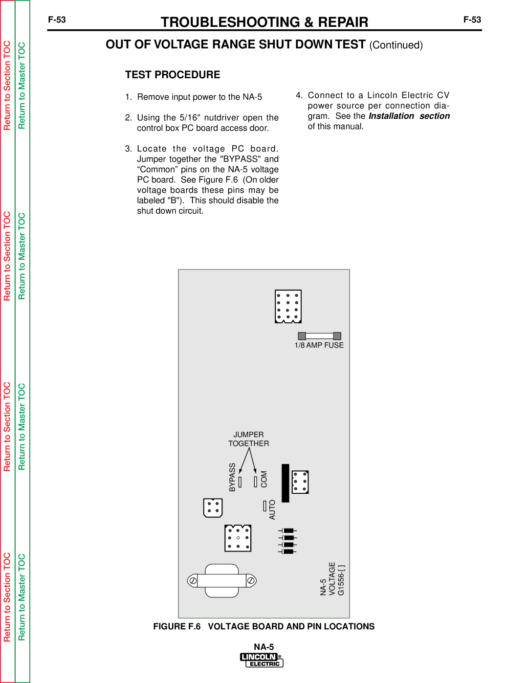 Lincoln Electric NA-5NF, NA-5SF OUT of Voltage Range Shut Down Test, Figure F.6 Voltage Board and PIN Locations 