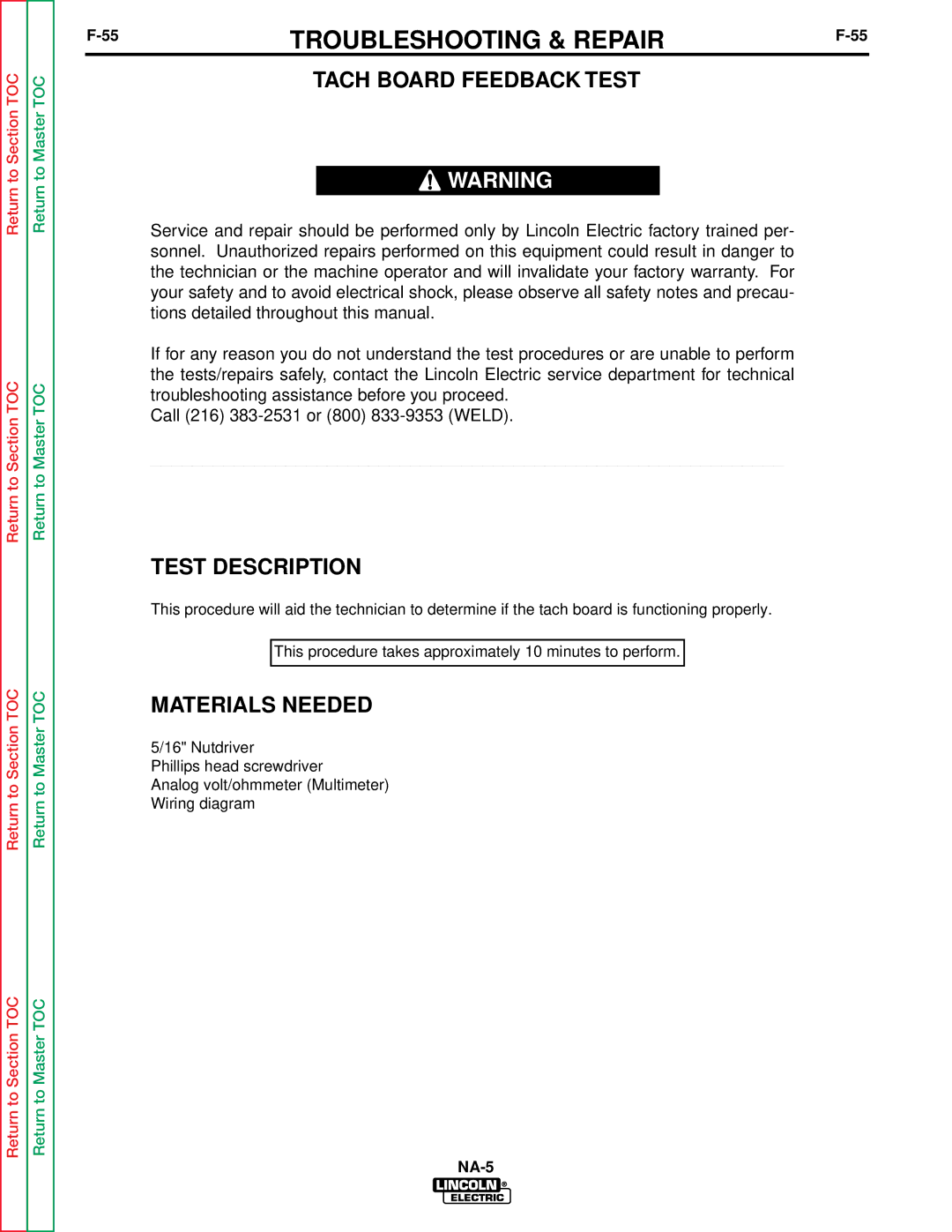 Lincoln Electric NA-5NF, NA-5SF service manual Tach Board Feedback Test, Test Description 