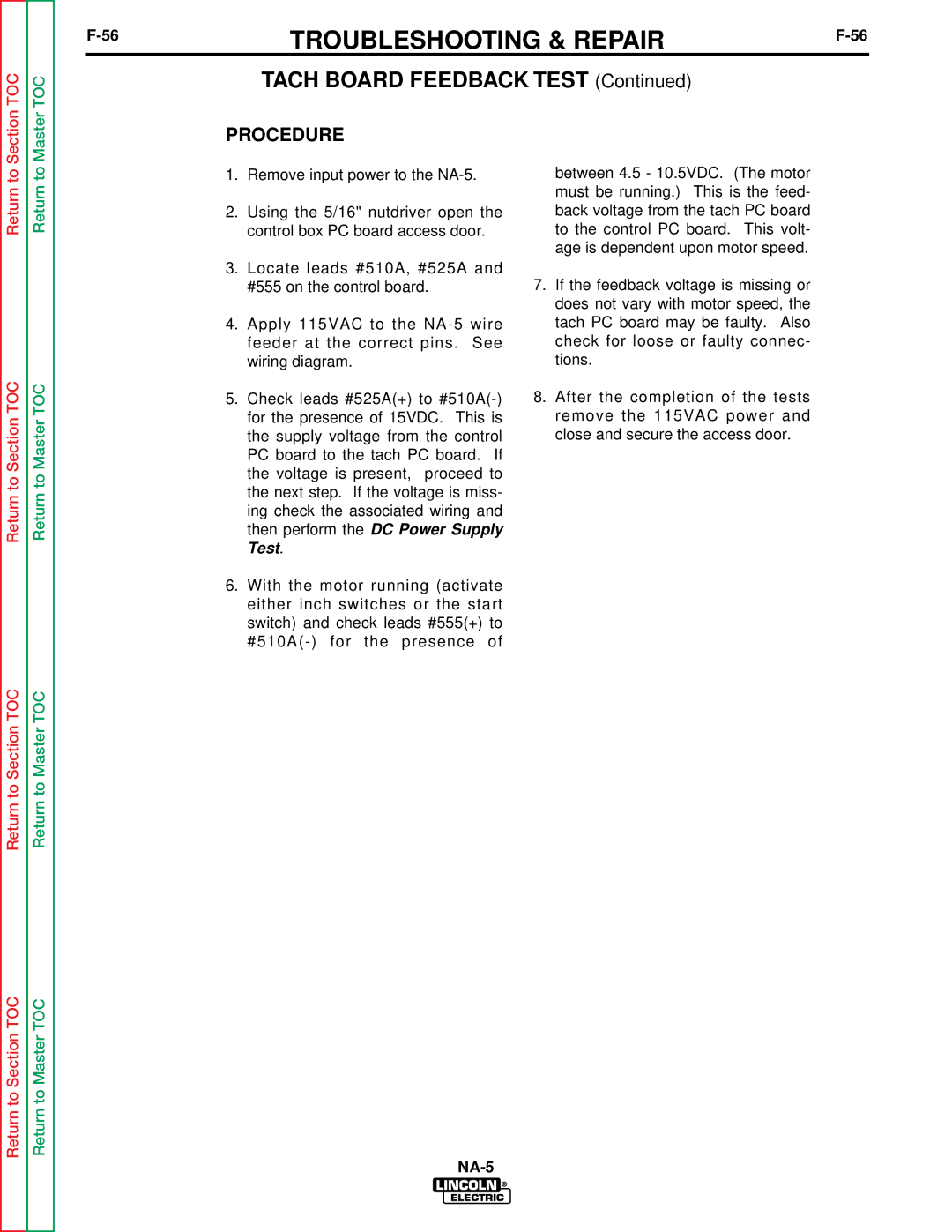 Lincoln Electric NA-5NF, NA-5SF service manual Tach Board Feedback Test, Procedure 