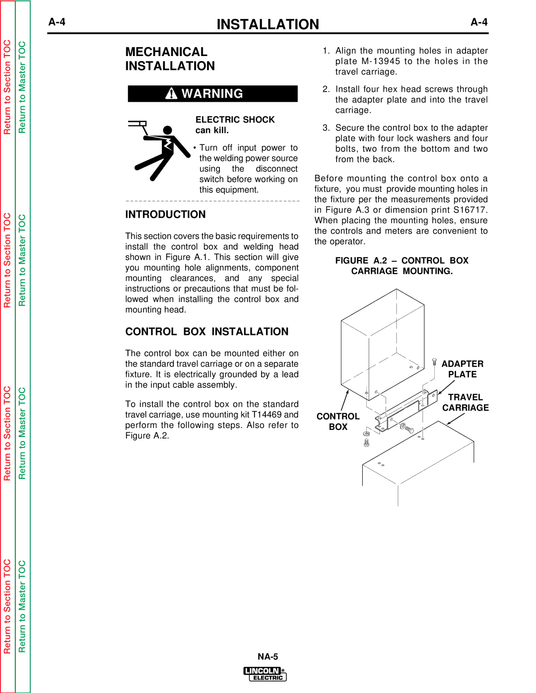 Lincoln Electric NA-5SF, NA-5NF Mechanical Installation, Introduction, Control BOX Installation, Electric Shock can kill 