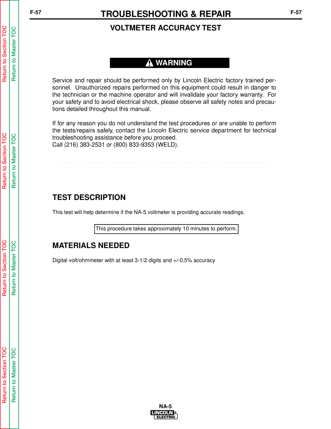 Lincoln Electric NA-5NF, NA-5SF service manual Voltmeter Accuracy Test 