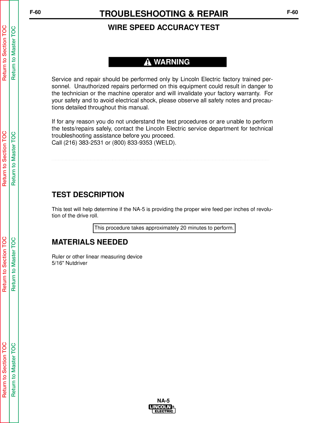 Lincoln Electric NA-5NF, NA-5SF service manual Wire Speed Accuracy Test, Test Description 