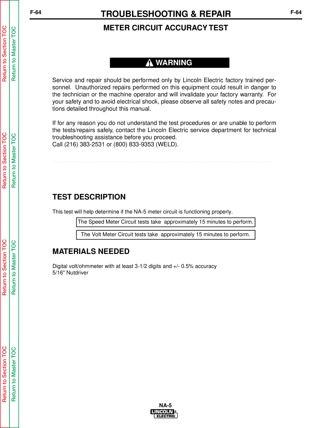 Lincoln Electric NA-5NF, NA-5SF service manual Meter Circuit Accuracy Test, Test Description 