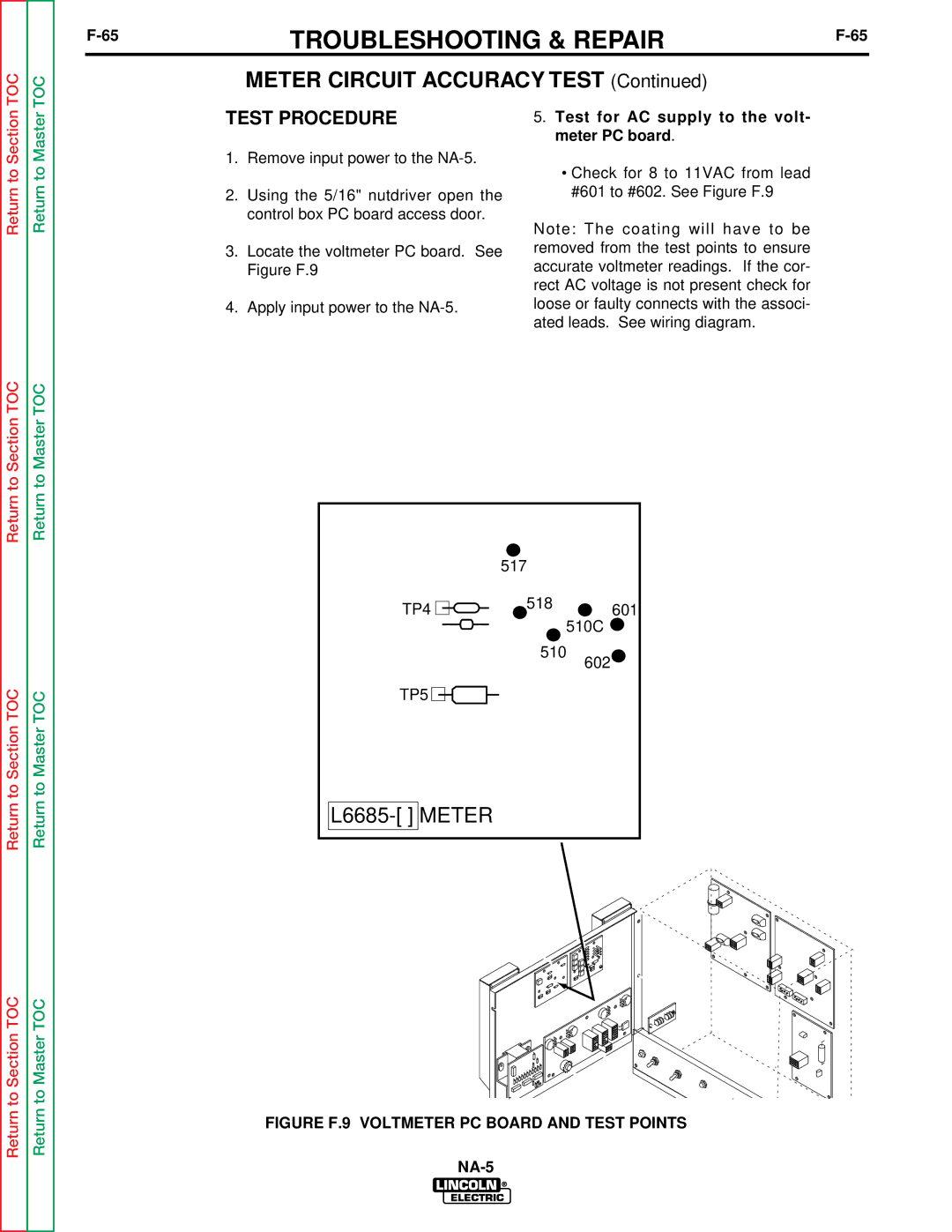 Lincoln Electric NA-5NF, NA-5SF Meter Circuit Accuracy Test, Test for AC supply to the volt- meter PC board 