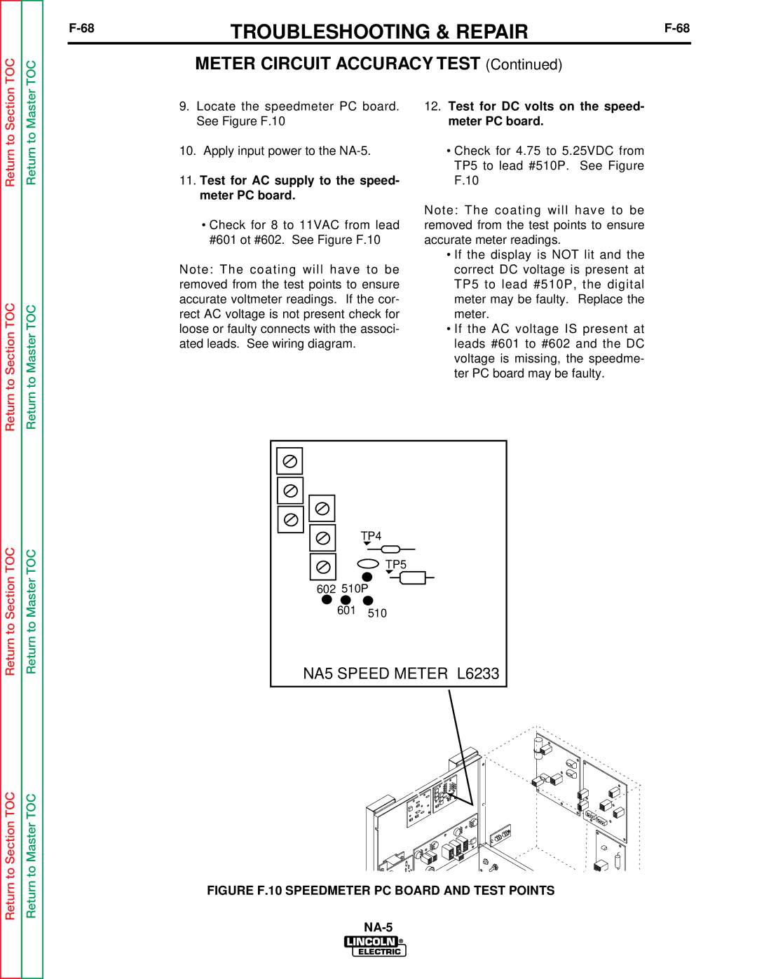 Lincoln Electric NA-5NF Test for AC supply to the speed- meter PC board, Test for DC volts on the speed- meter PC board 