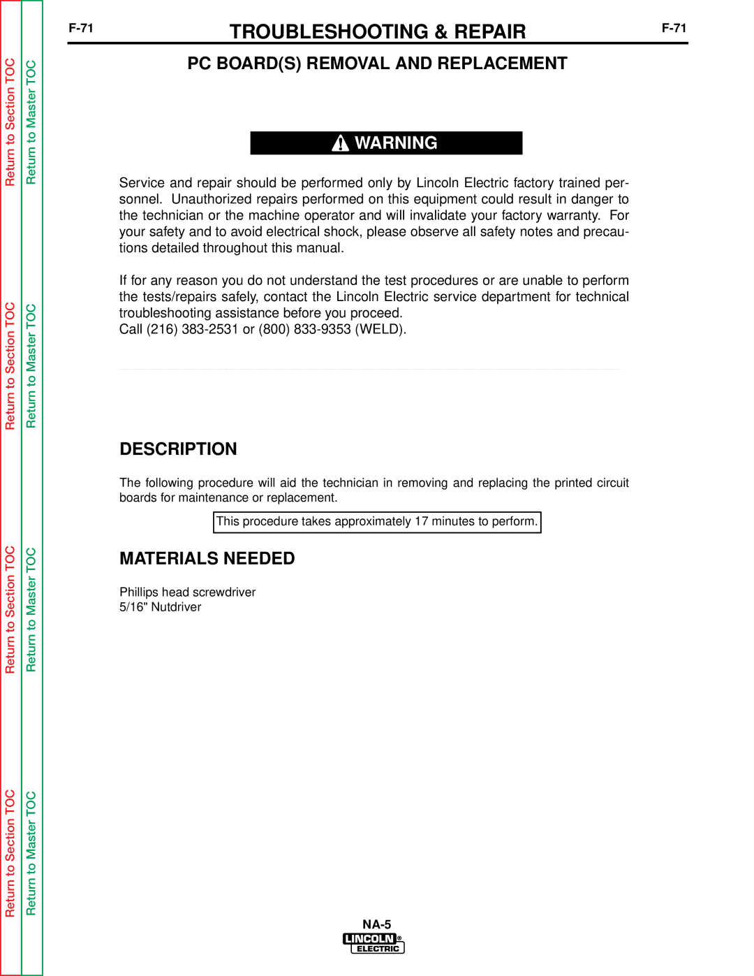 Lincoln Electric NA-5NF, NA-5SF service manual PC Boards Removal and Replacement, Description 