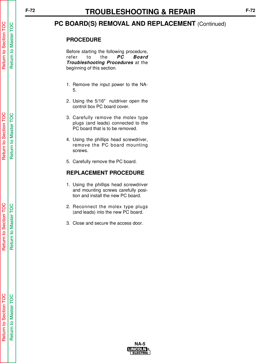 Lincoln Electric NA-5NF, NA-5SF service manual PC Boards Removal and Replacement, Replacement Procedure 