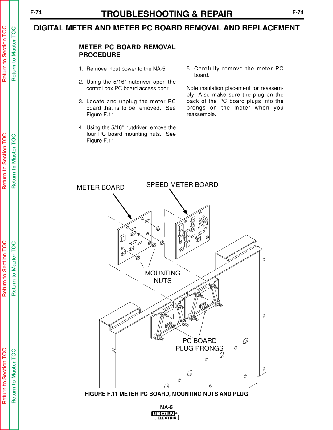 Lincoln Electric NA-5SF, NA-5NF Meter PC Board Removal Procedure, Figure F.11 Meter PC BOARD, Mounting Nuts and Plug 