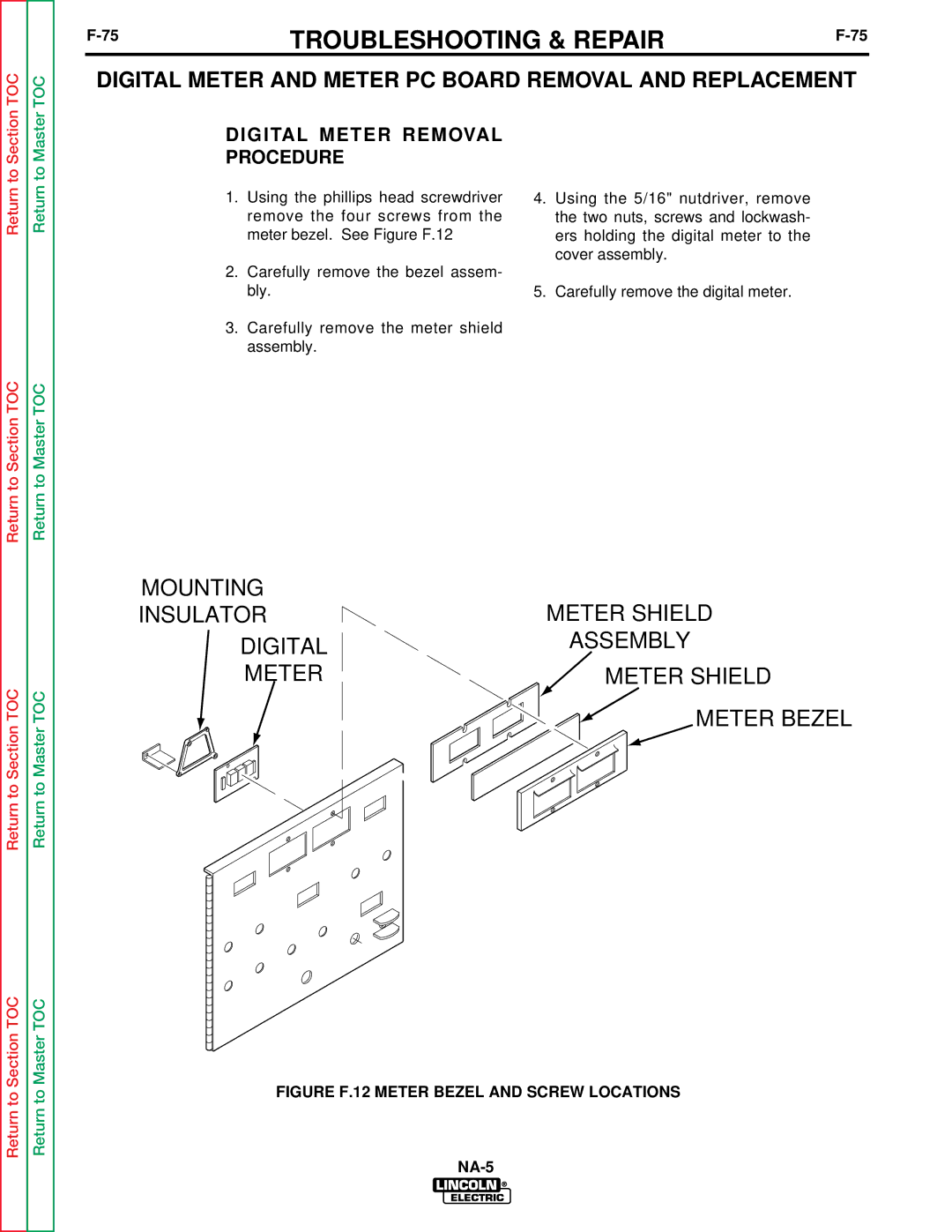 Lincoln Electric NA-5NF, NA-5SF Digital Meter Removal Procedure, Figure F.12 Meter Bezel and Screw Locations 