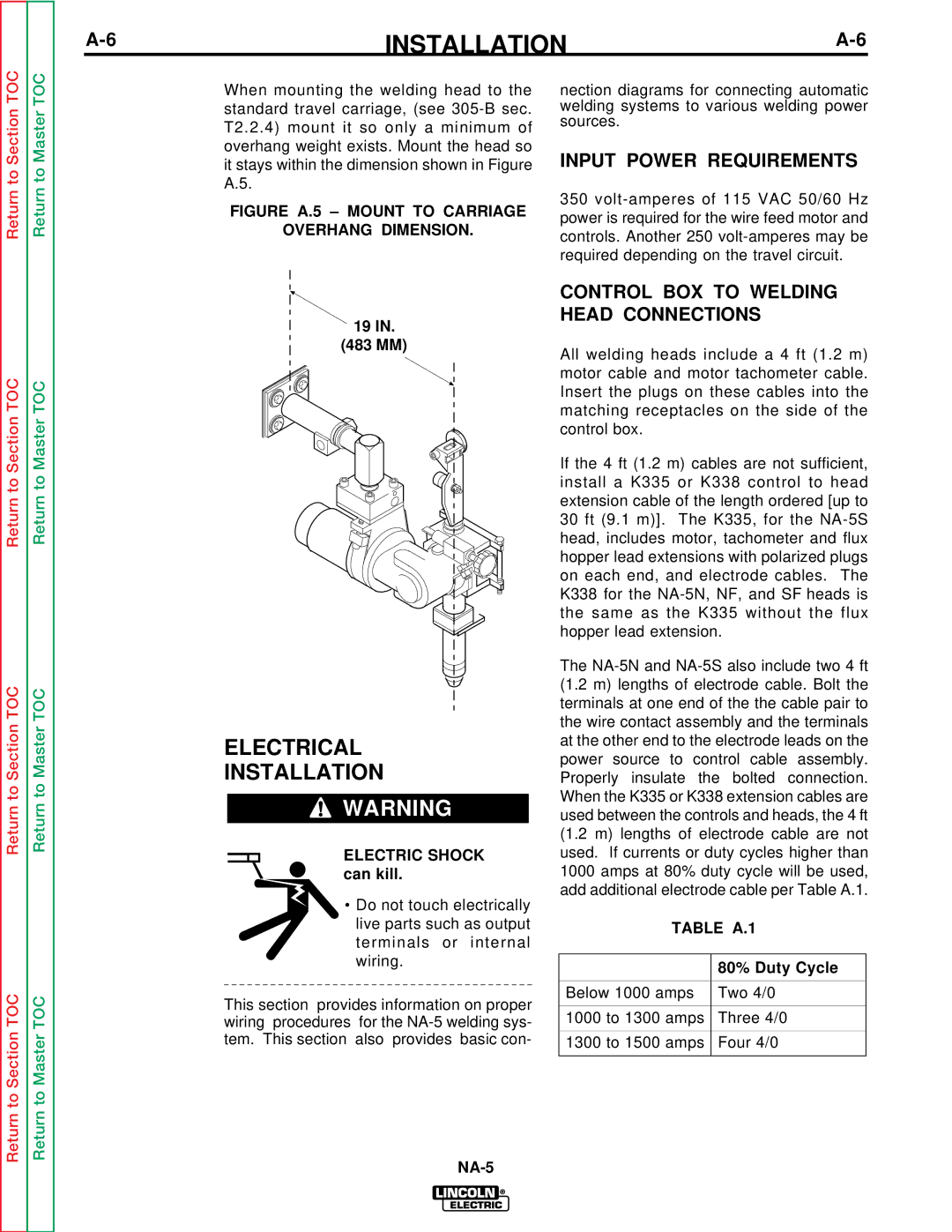 Lincoln Electric NA-5NF, NA-5S Electrical Installation, Input Power Requirements, Control BOX to Welding Head Connections 