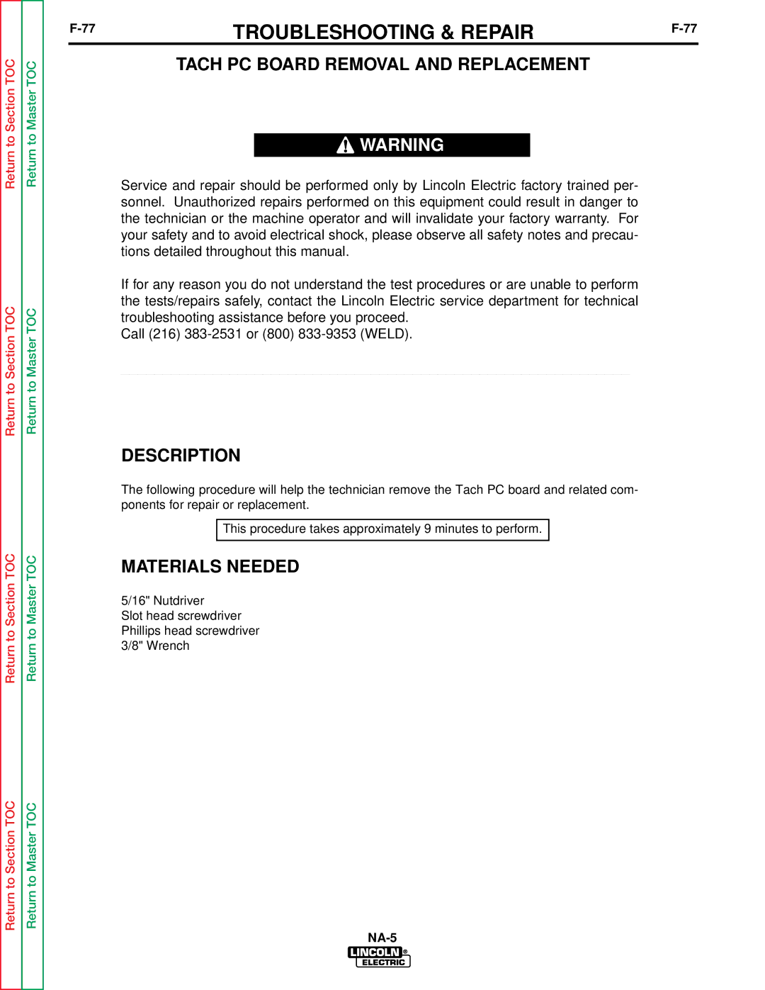 Lincoln Electric NA-5NF, NA-5SF service manual Tach PC Board Removal and Replacement, Description 