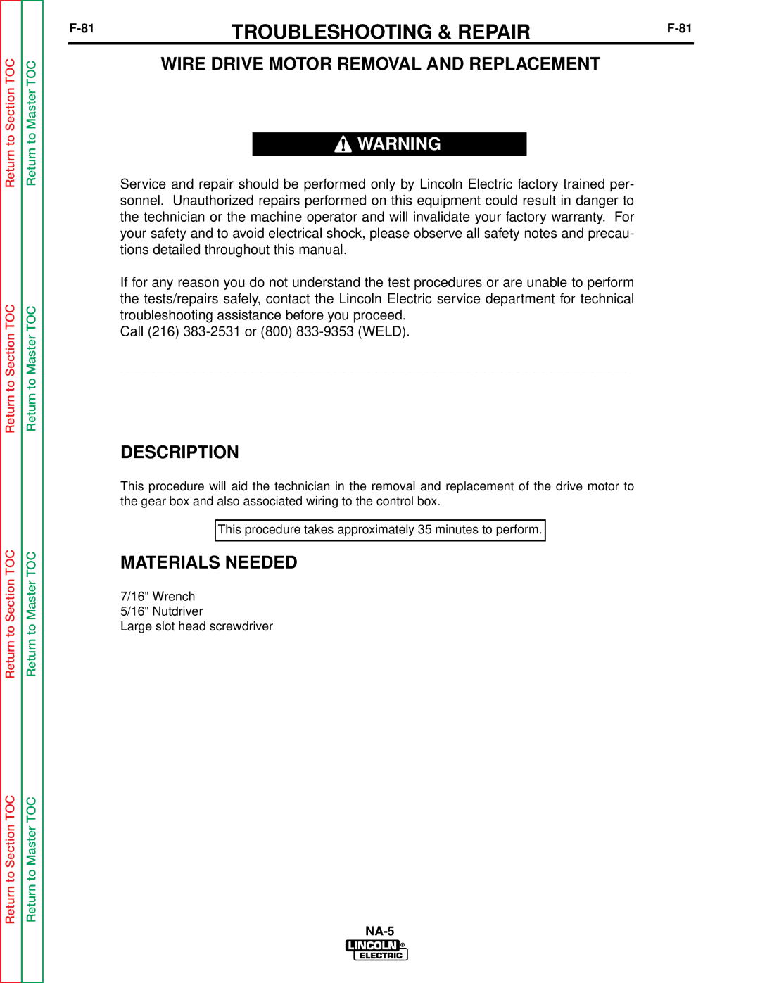 Lincoln Electric NA-5NF, NA-5SF service manual Wire Drive Motor Removal and Replacement, Description 