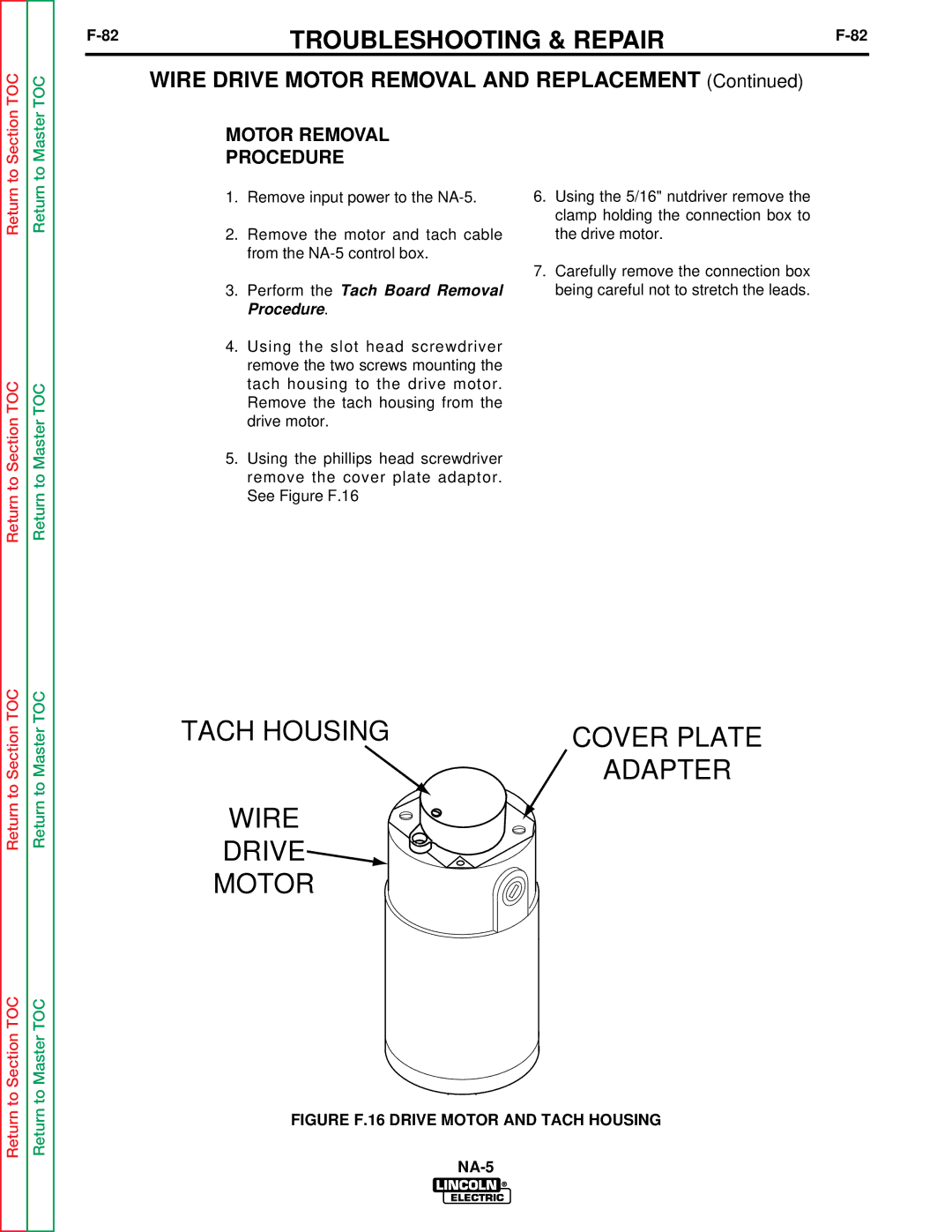 Lincoln Electric NA-5SF, NA-5NF service manual Wire Drive Motor Removal and Replacement, Motor Removal Procedure 