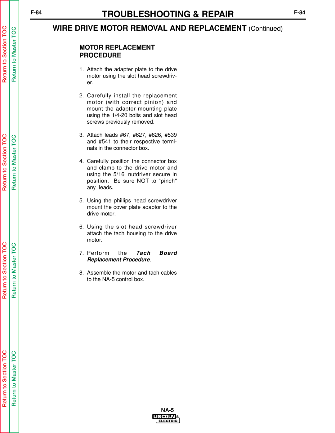 Lincoln Electric NA-5NF, NA-5SF service manual Motor Replacement Procedure 