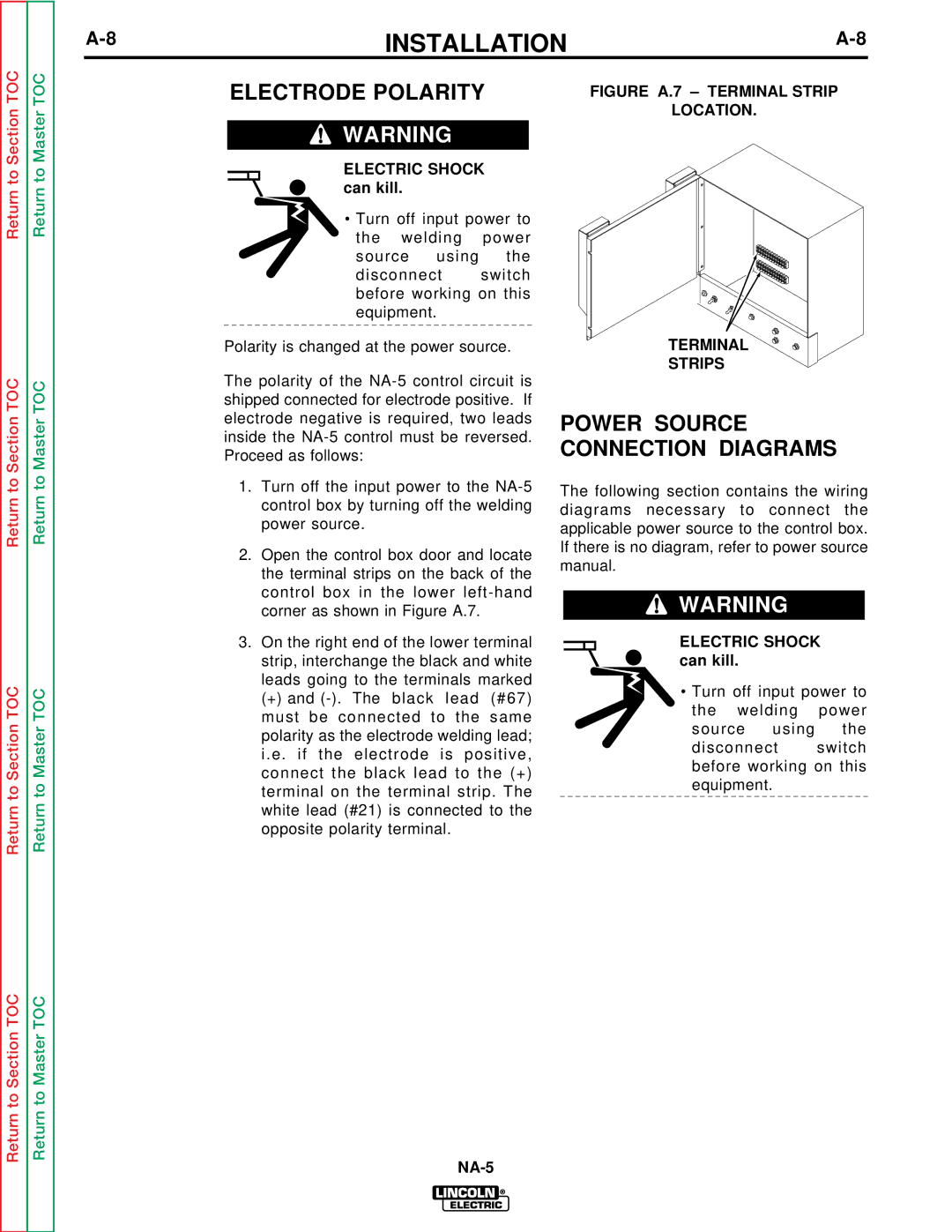 Lincoln Electric NA-5SF, NA-5NF service manual Electrode Polarity, Power Source Connection Diagrams 