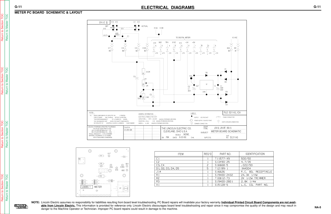 Lincoln Electric NA-5SF, NA-5NF service manual Meter PC Board Schematic & Layout, 21143 