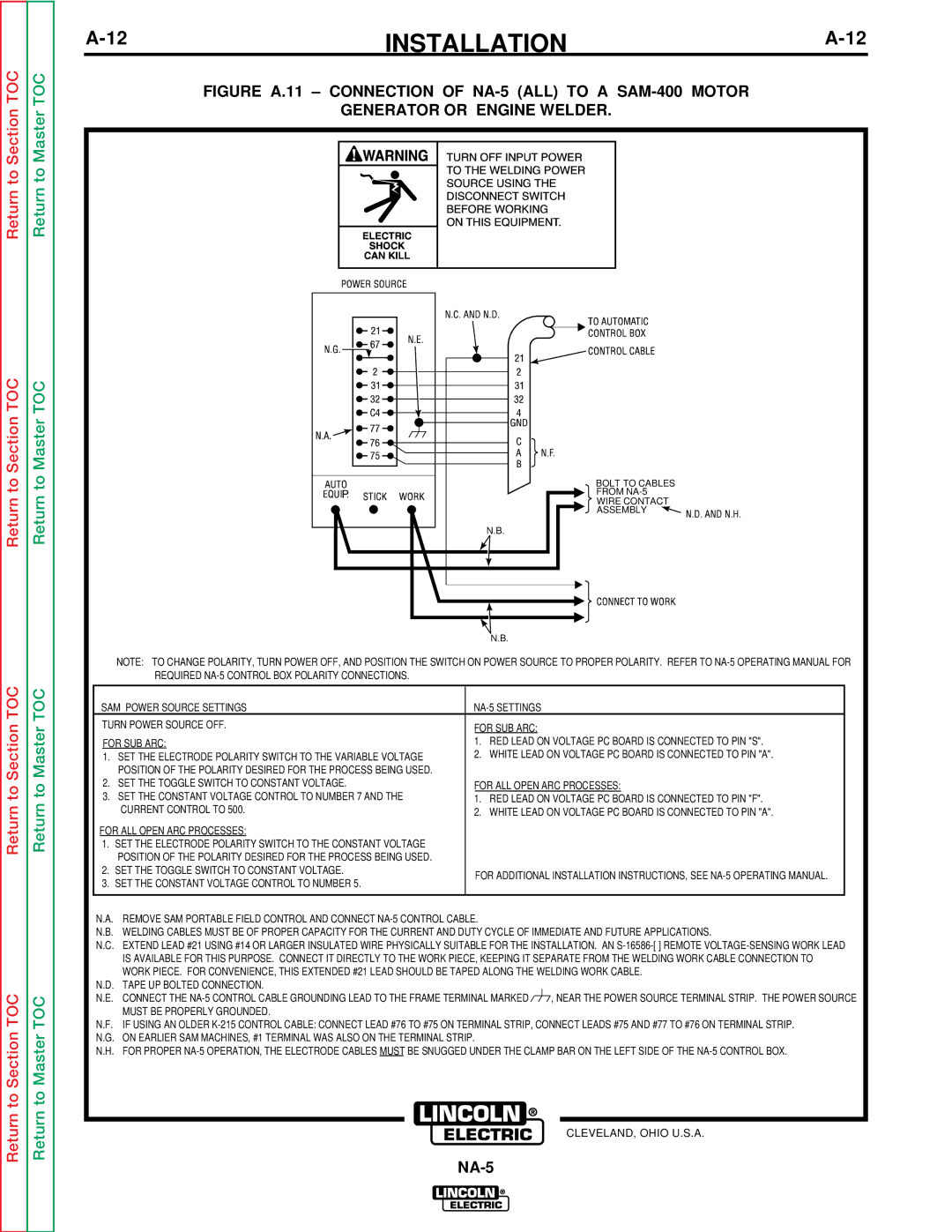 Lincoln Electric NA-5SF, NA-5NF service manual SAM Power Source Settings 