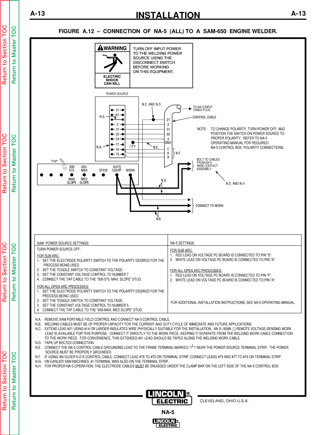 Lincoln Electric NA-5NF, NA-5SF service manual Power Source TAP To NA-5 Input Cable Plug 