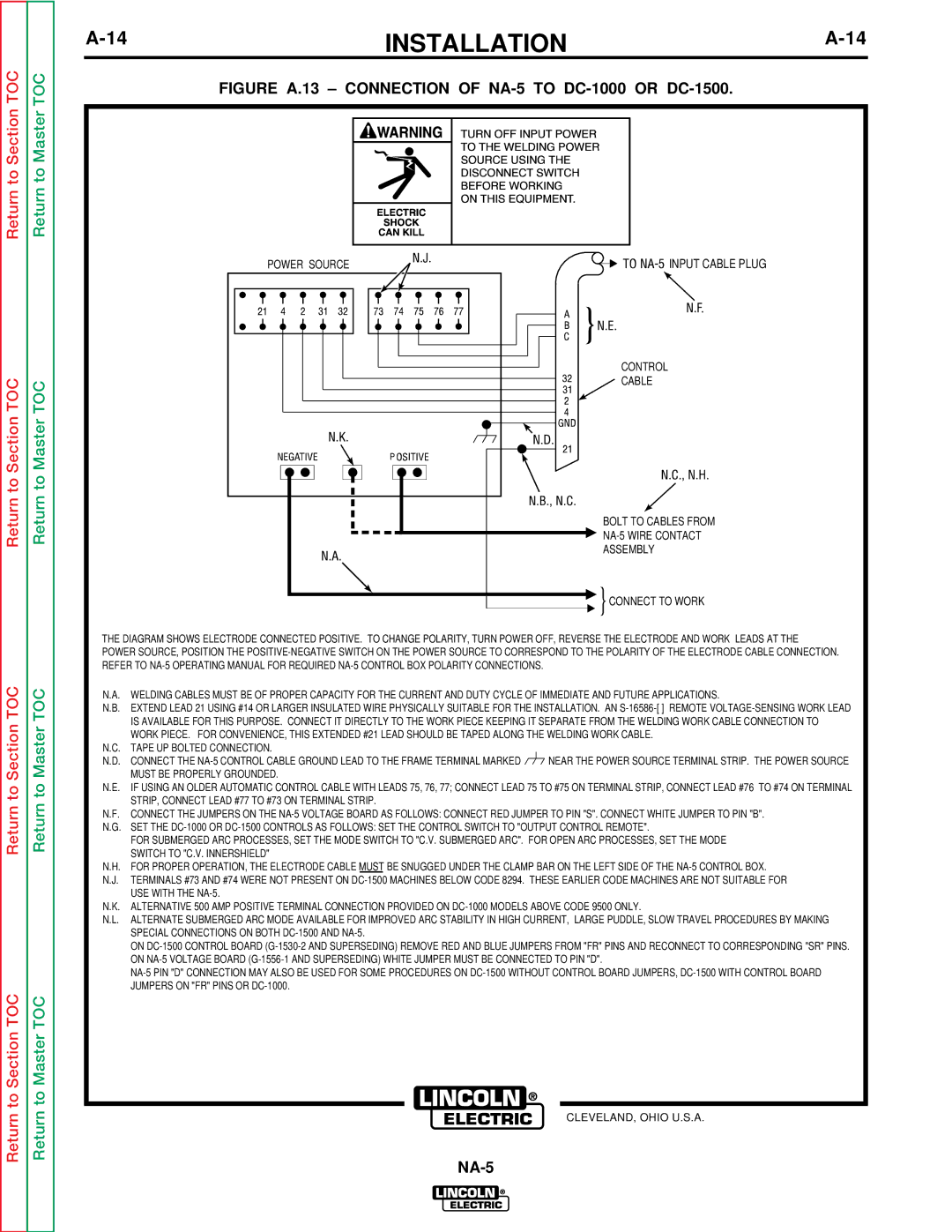 Lincoln Electric NA-5NF, NA-5SF service manual Figure A.13 Connection of NA-5 to DC-1000 or DC-1500 