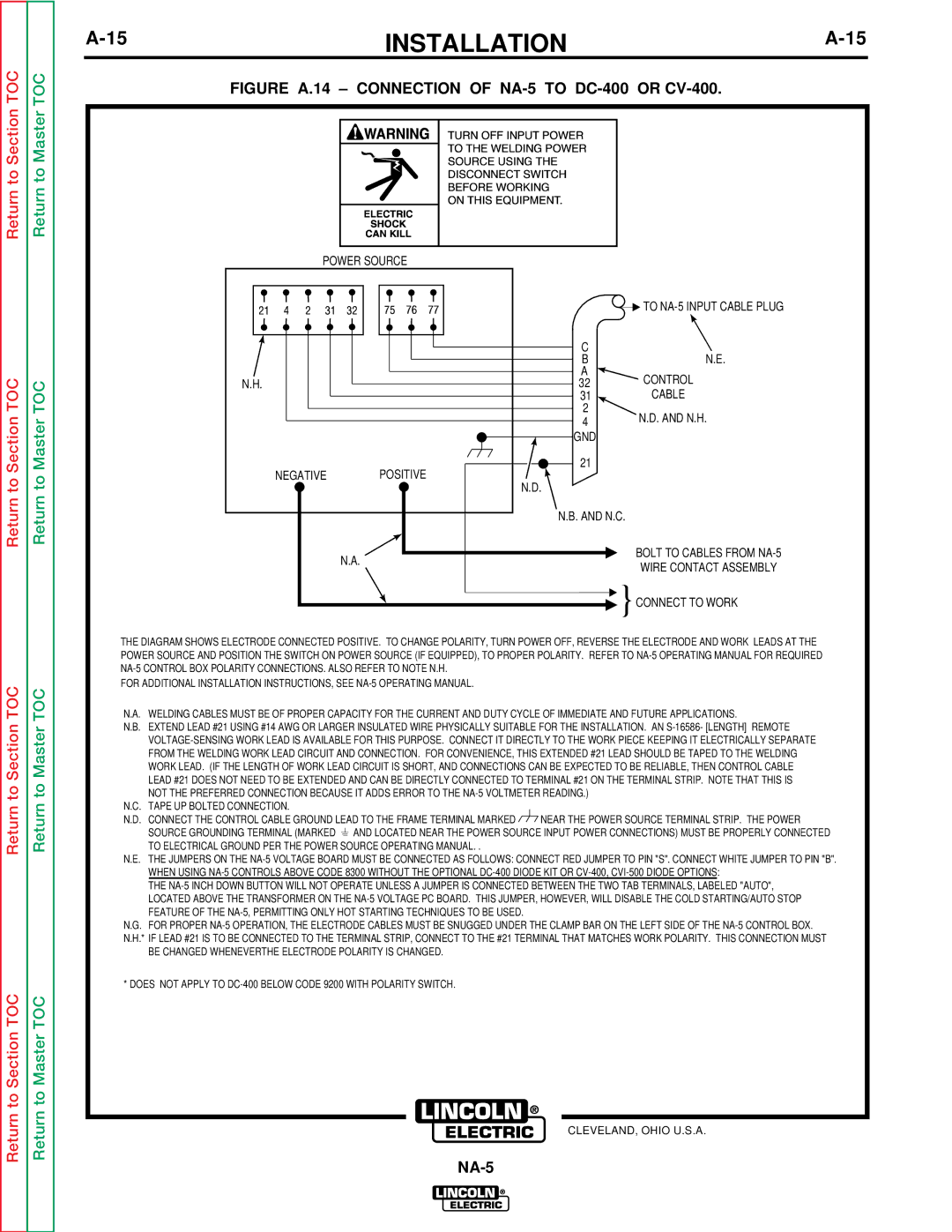 Lincoln Electric NA-5NF, NA-5SF service manual Figure A.14 Connection of NA-5 to DC-400 or CV-400 