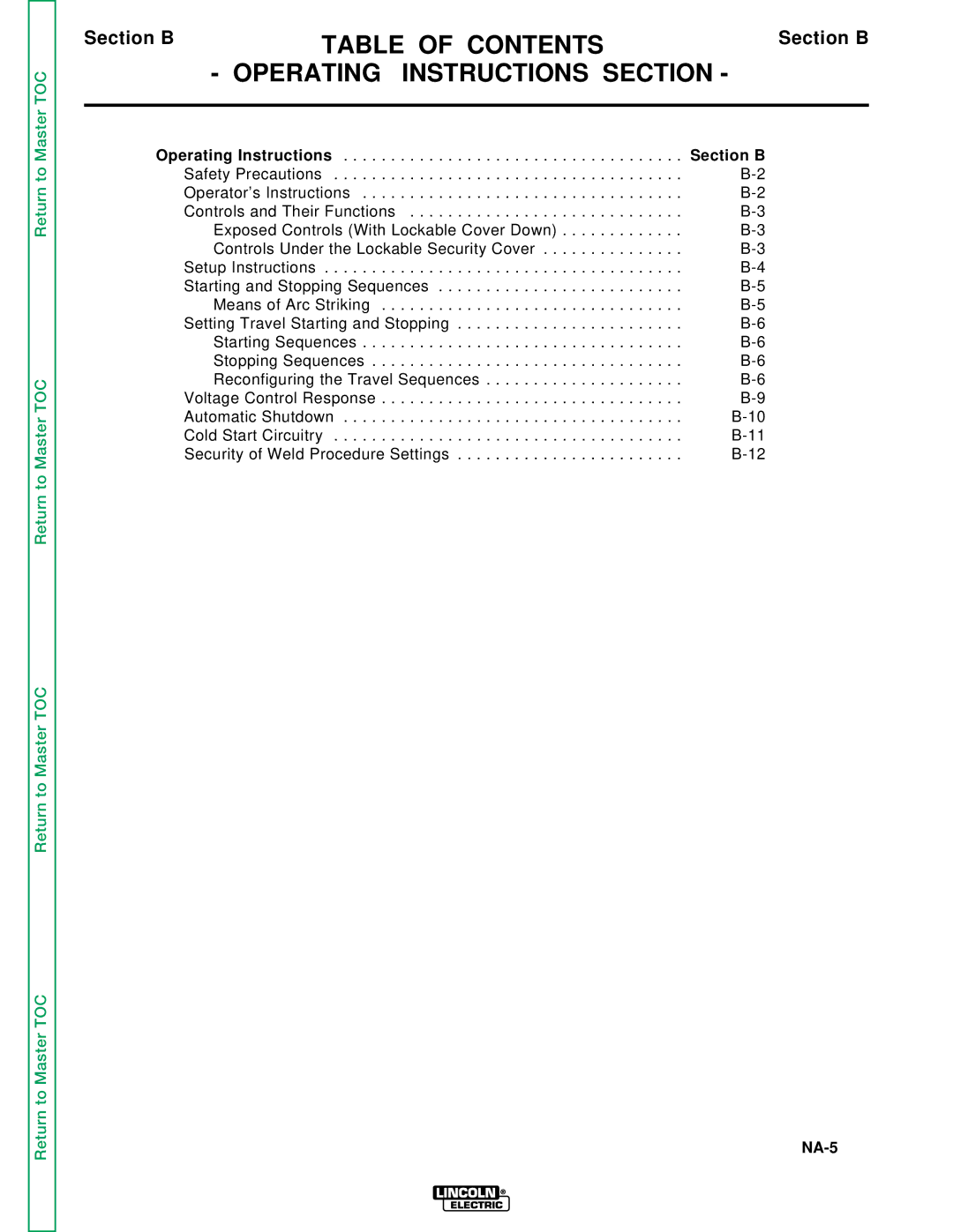 Lincoln Electric NA-5NF, NA-5SF service manual Table of Contents, Operating Instructions Section 