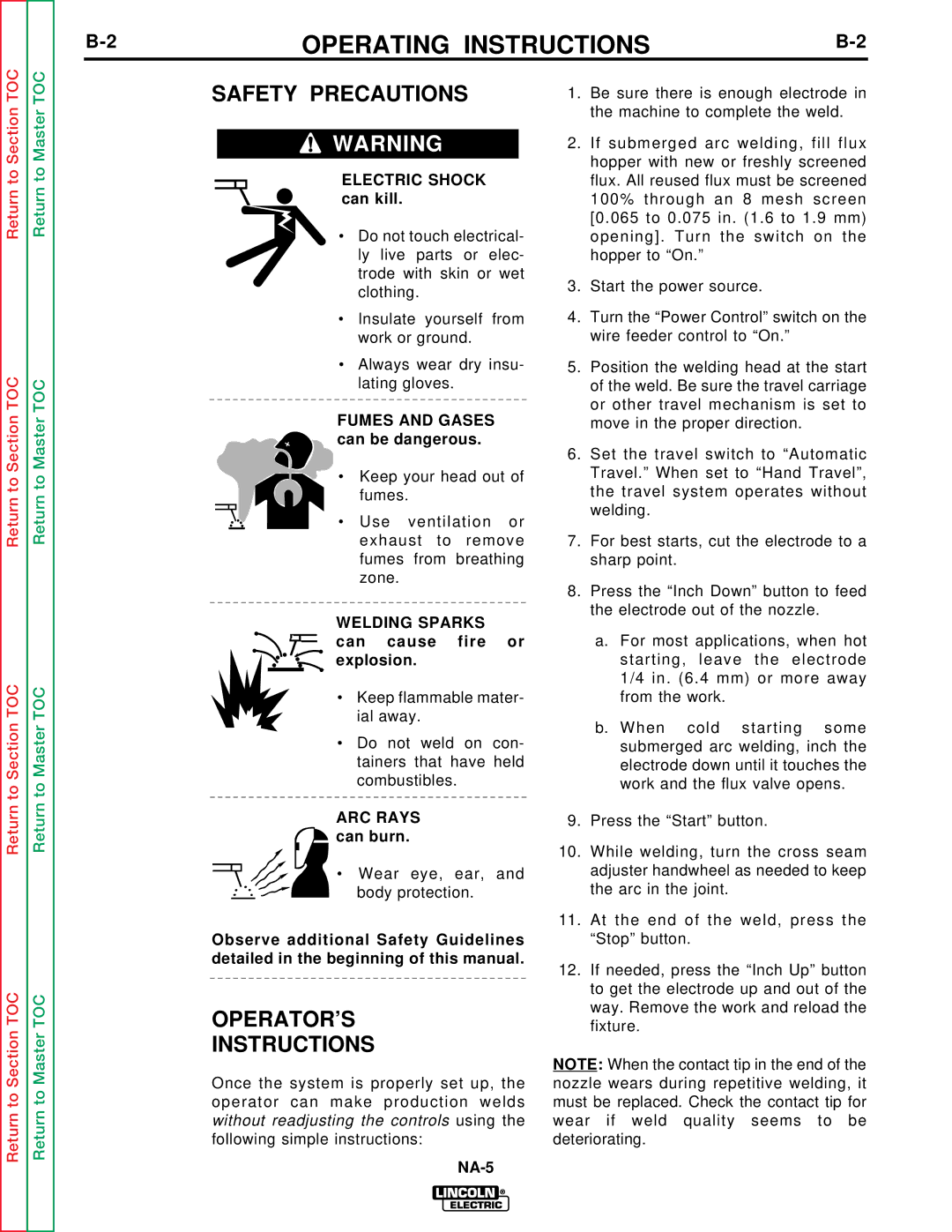 Lincoln Electric NA-5NF, NA-5SF Operating Instructions, Safety Precautions, OPERATOR’S Instructions, Welding Sparks 