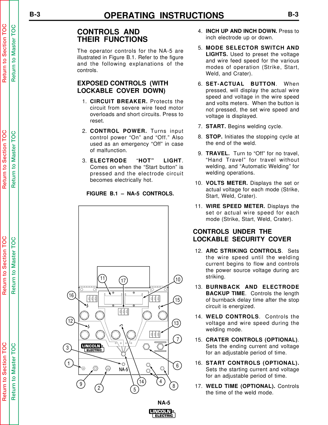 Lincoln Electric NA-5NF, NA-5SF service manual Controls Their Functions, Exposed Controls with Lockable Cover Down 