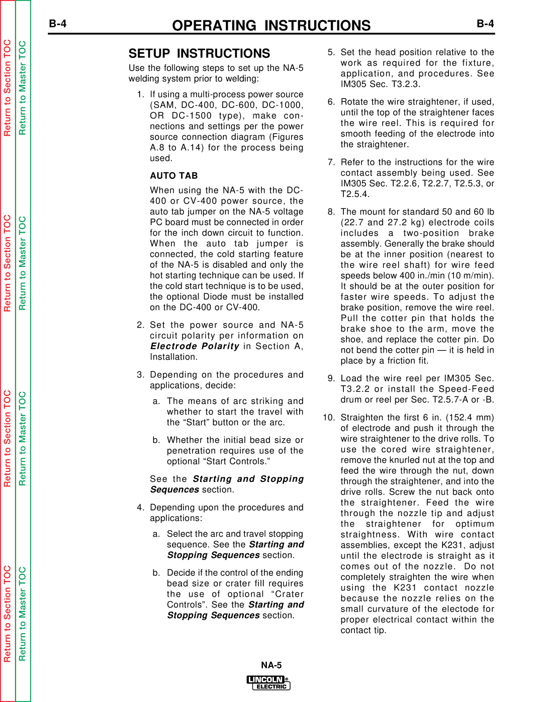 Lincoln Electric NA-5SF, NA-5NF service manual Setup Instructions, Auto TAB, See the Starting and Stopping Sequences section 