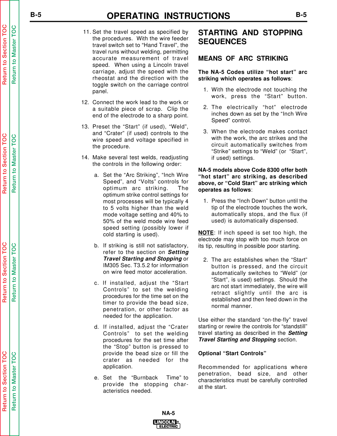 Lincoln Electric NA-5S, NA-5NF Starting and Stopping Sequences, Means of ARC Striking, Travel Starting and Stopping or 