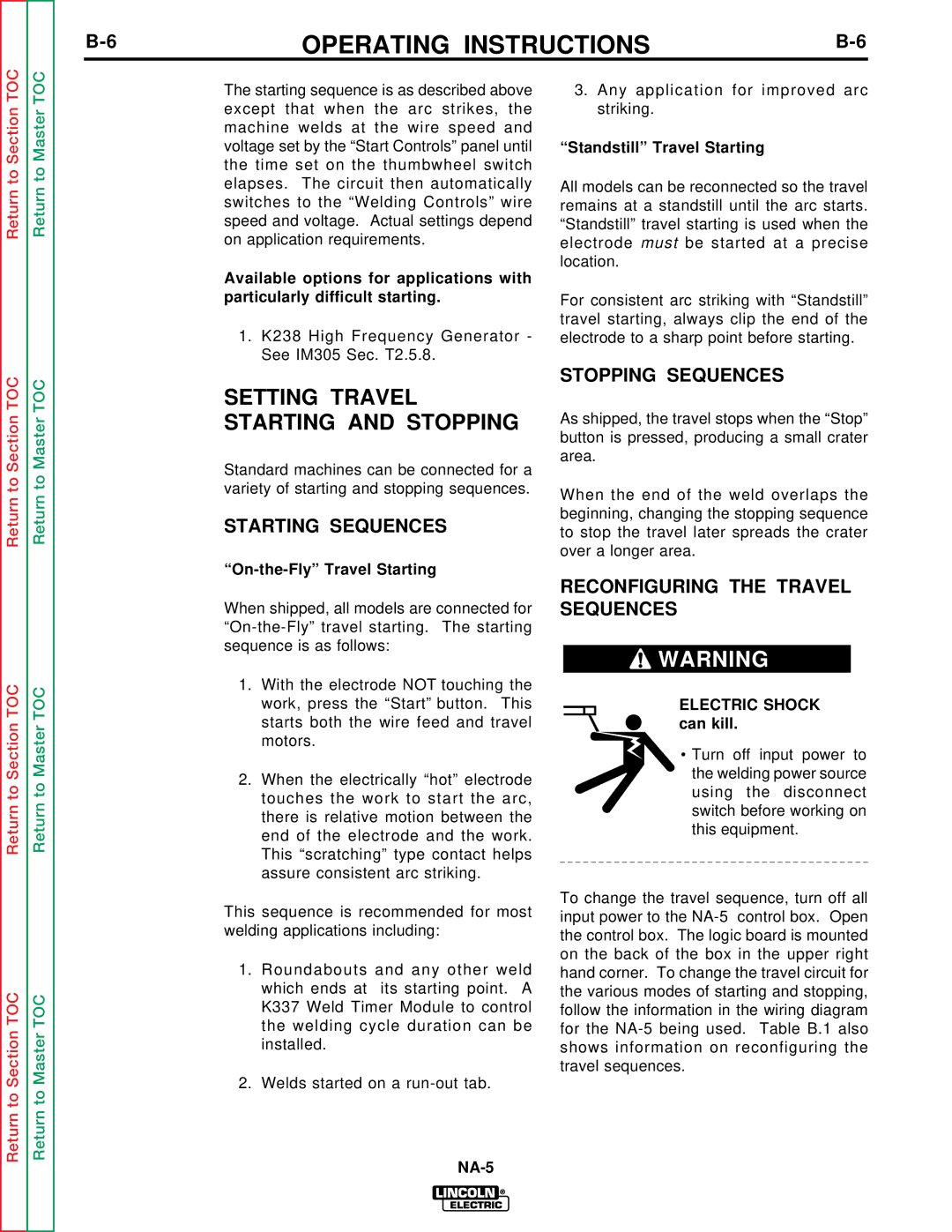 Lincoln Electric NA-5NF, NA-5SF Setting Travel Starting and Stopping, Starting Sequences, Stopping Sequences 