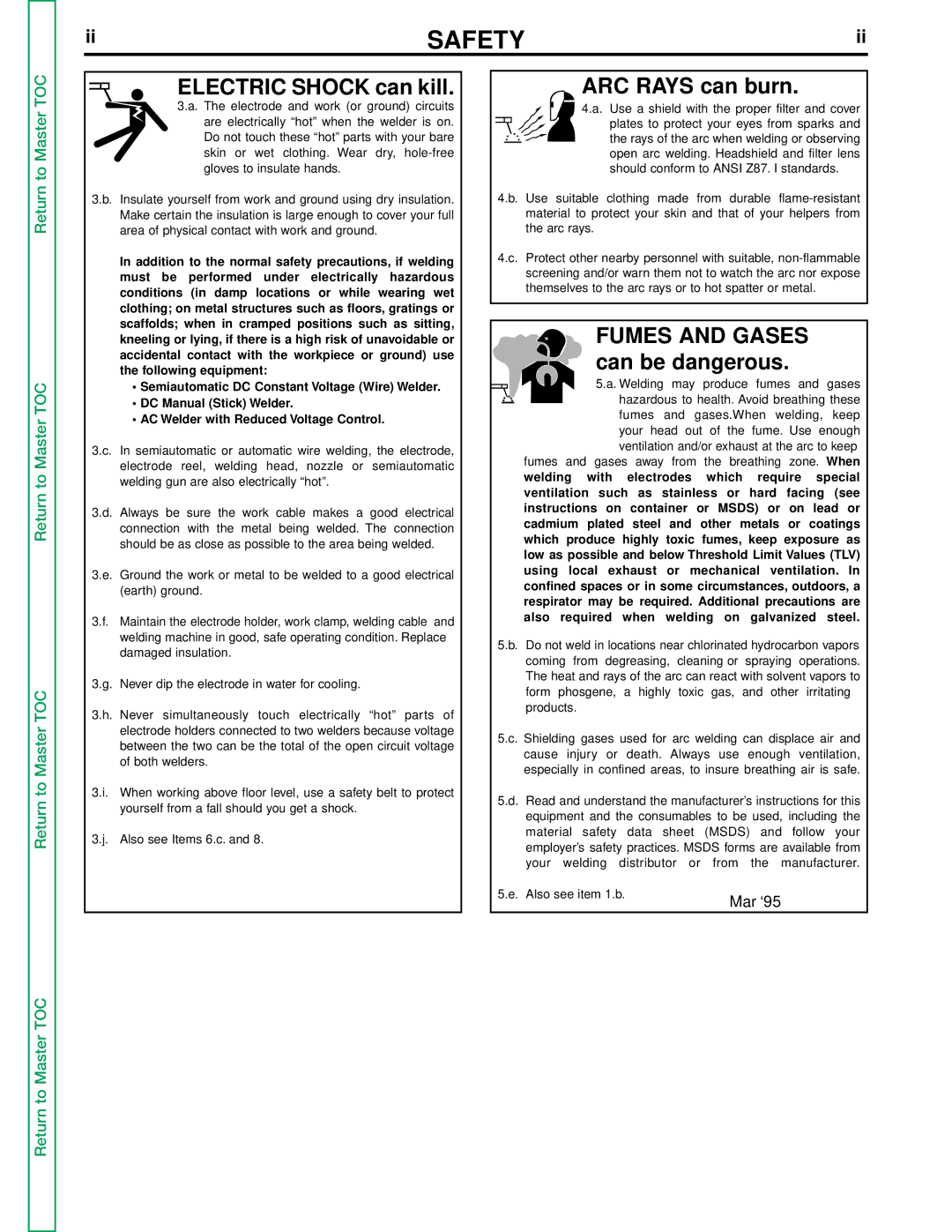 Lincoln Electric NA-5SF, NA-5NF Safety, Electric Shock can kill, ARC Rays can burn, Fumes and Gases can be dangerous 