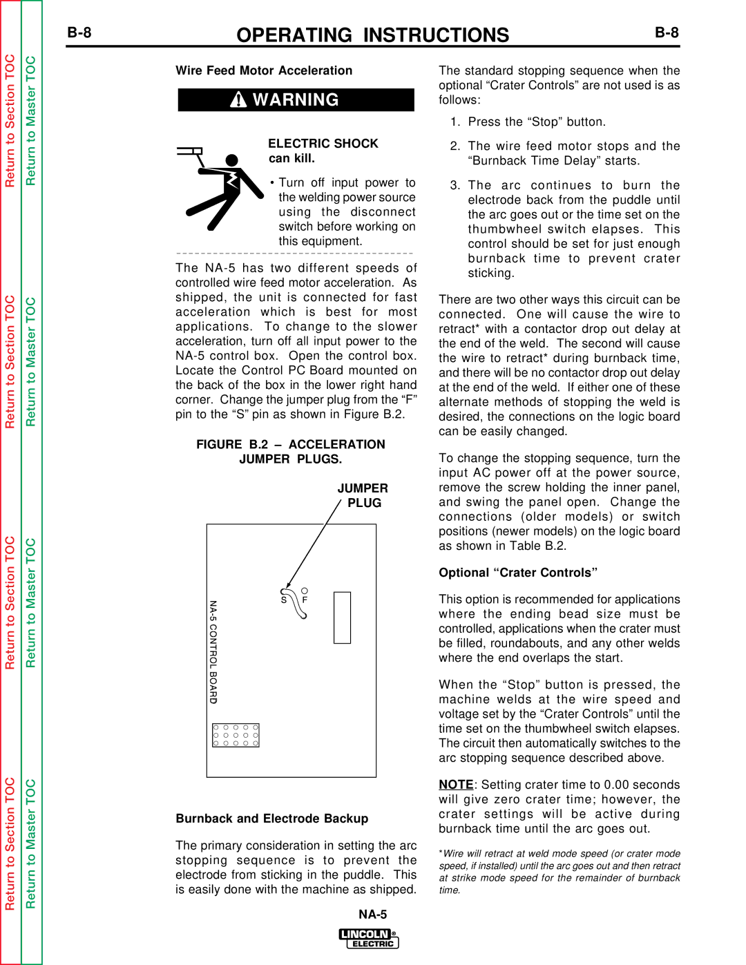 Lincoln Electric NA-5SF, NA-5NF Wire Feed Motor Acceleration Electric Shock can kill, Burnback and Electrode Backup 