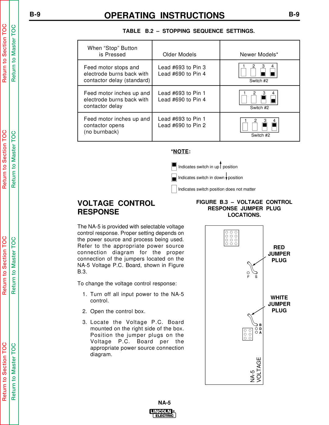 Lincoln Electric NA-5NF, NA-5SF service manual Voltage Control Response, Table B.2 Stopping Sequence Settings 