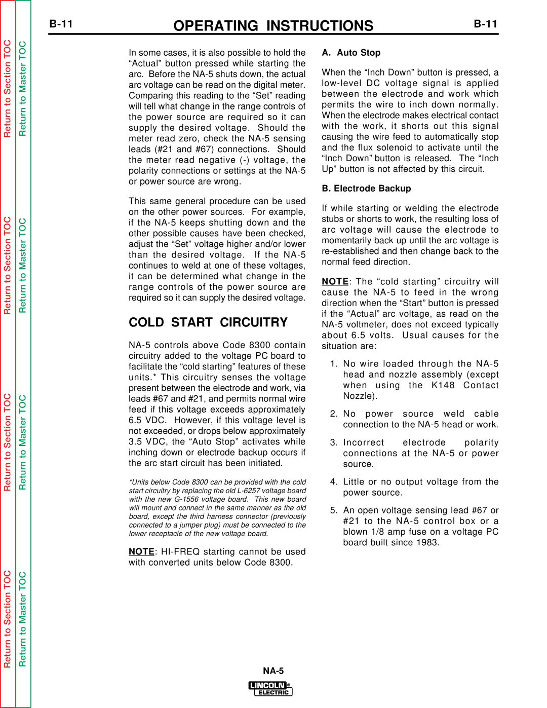 Lincoln Electric NA-5NF, NA-5SF service manual Cold Start Circuitry, Auto Stop, Electrode Backup 