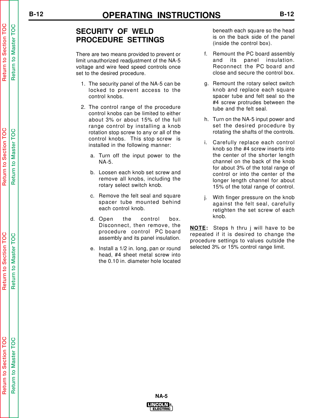 Lincoln Electric NA-5SF, NA-5NF service manual Security of Weld Procedure Settings 