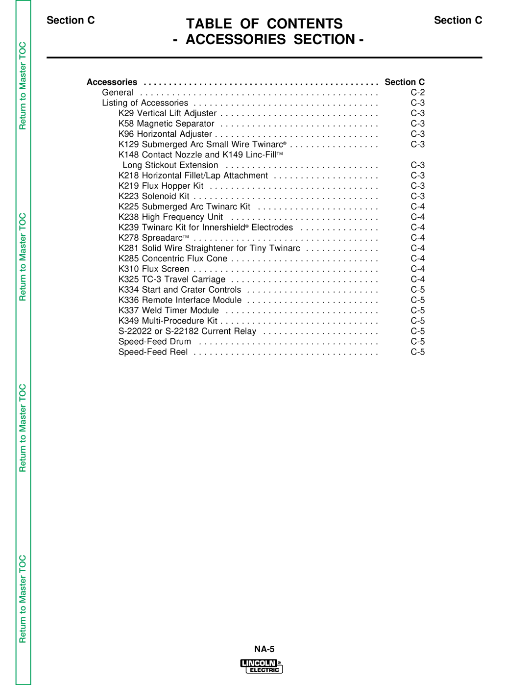 Lincoln Electric NA-5NF, NA-5SF service manual Table of Contents, Accessories Section 