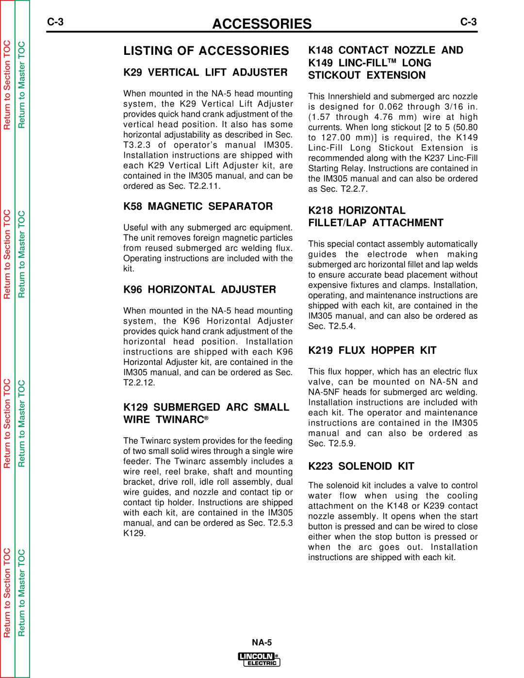 Lincoln Electric NA-5NF, NA-5SF service manual Listing of Accessories 