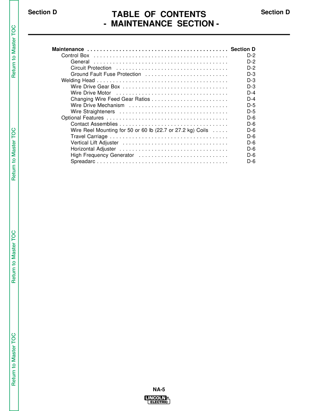 Lincoln Electric NA-5NF, NA-5SF service manual Maintenance Section D 