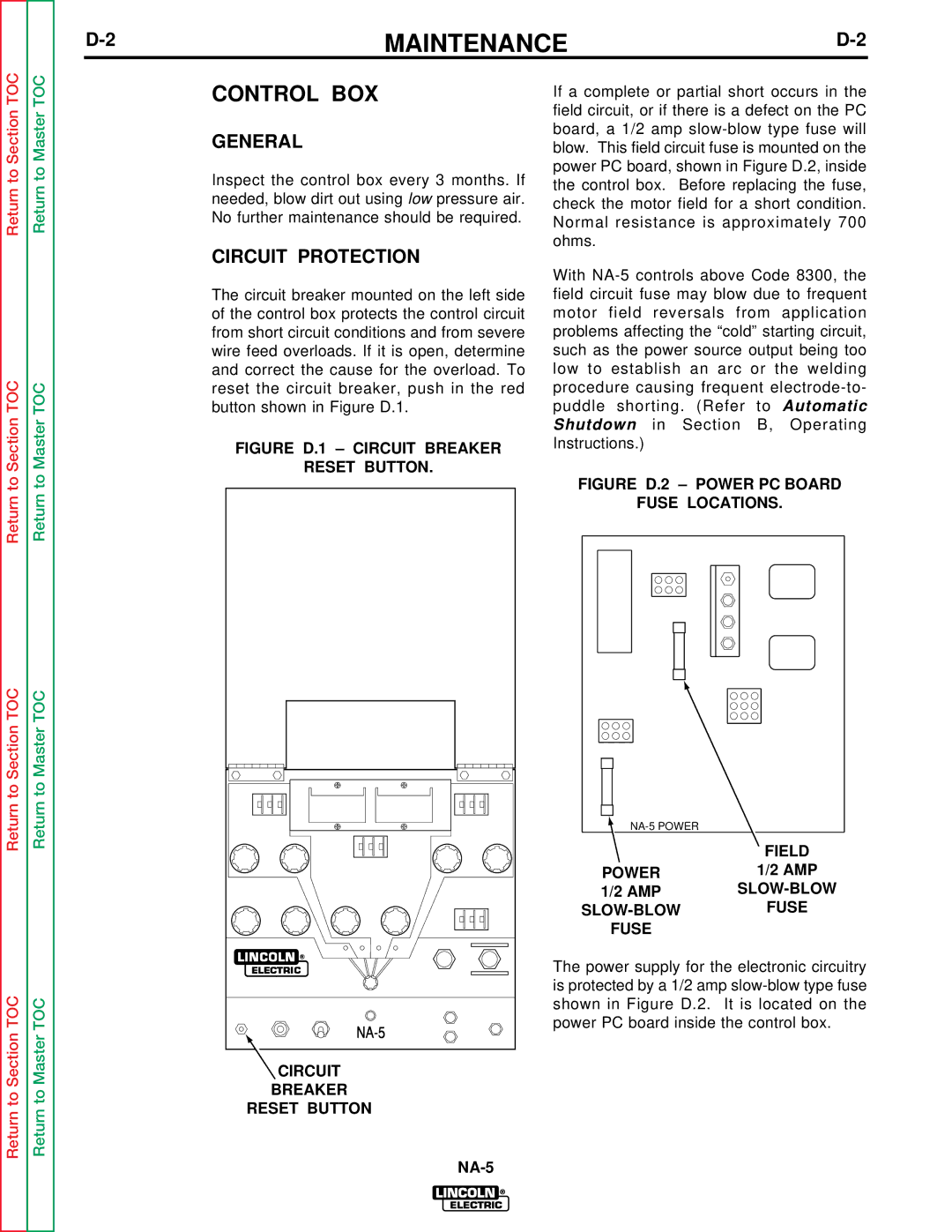 Lincoln Electric NA-5SF, NA-5NF service manual Maintenance, Control BOX, General, Circuit Protection 