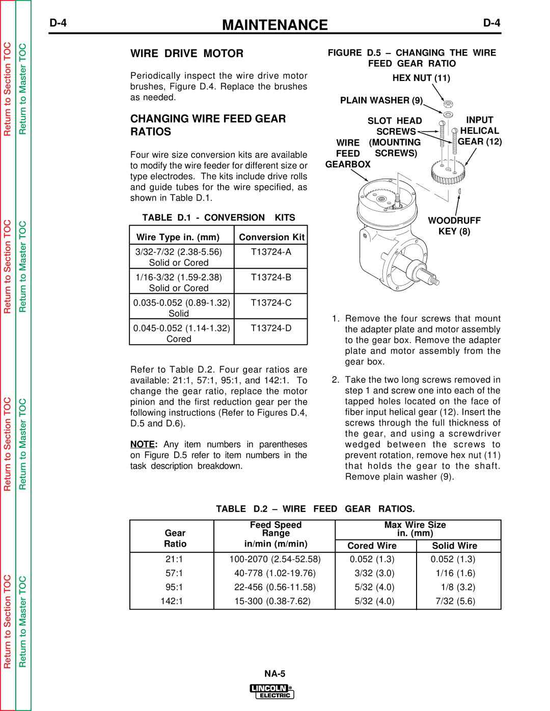 Lincoln Electric NA-5NF, NA-5SF service manual Wire Drive Motor, Changing Wire Feed Gear Ratios 