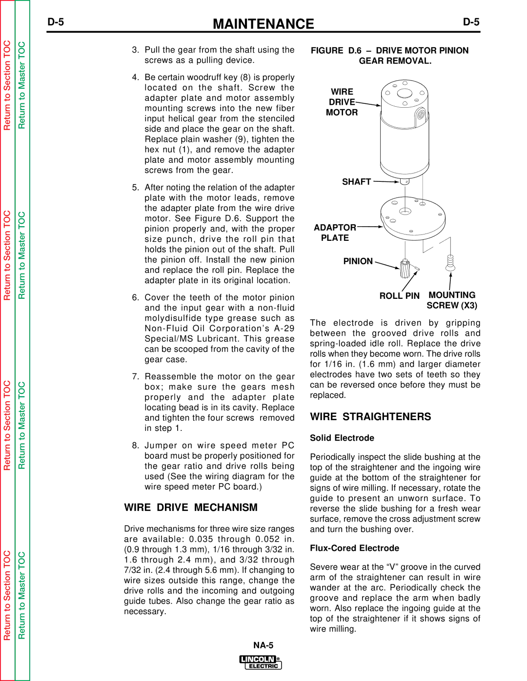 Lincoln Electric NA-5NF, NA-5SF Wire Drive Mechanism, Wire Straighteners, Solid Electrode, Flux-Cored Electrode 