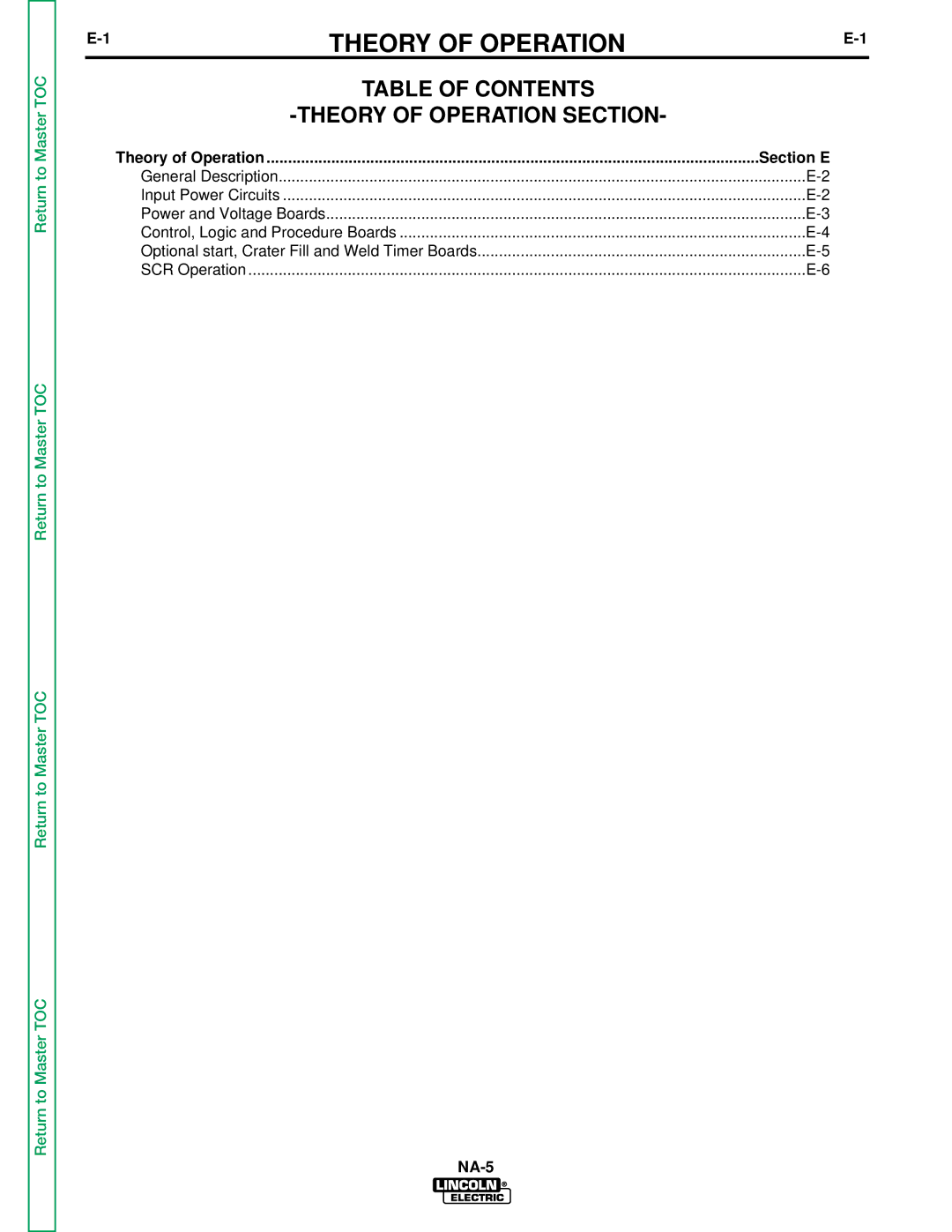 Lincoln Electric NA-5NF, NA-5SF service manual Table of Contents Theory of Operation Section 