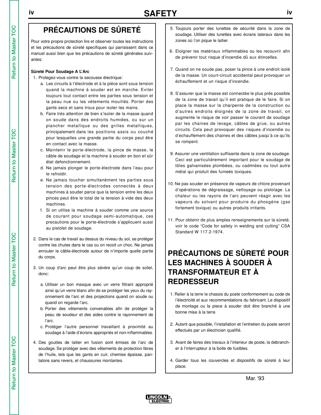 Lincoln Electric NA-5NF, NA-5SF service manual Précautions DE Sûreté, Sûreté Pour Soudage a L’Arc 