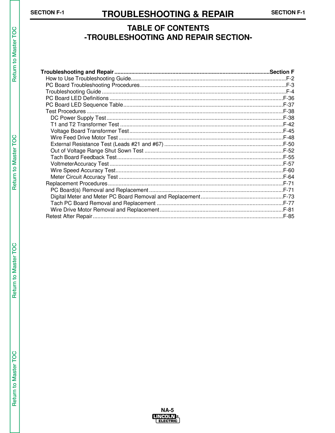 Lincoln Electric NA-5NF, NA-5SF Troubleshooting & Repair, Table of Contents Troubleshooting and Repair Section 