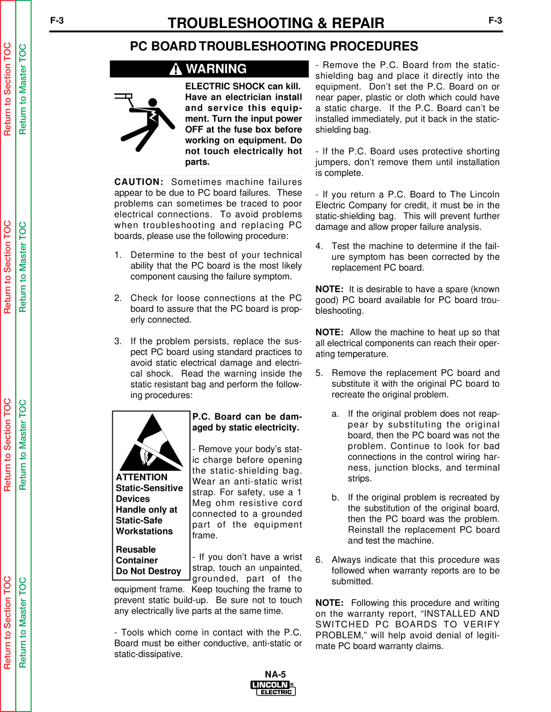 Lincoln Electric NA-5NF, NA-5SF PC Board Troubleshooting Procedures, Board can be dam- aged by static electricity 