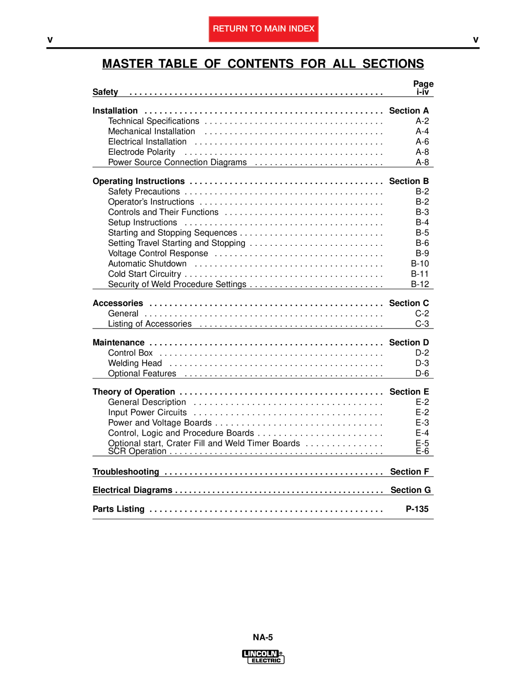 Lincoln Electric NA-5NF, NA-5SF service manual Master Table of Contents for ALL Sections 