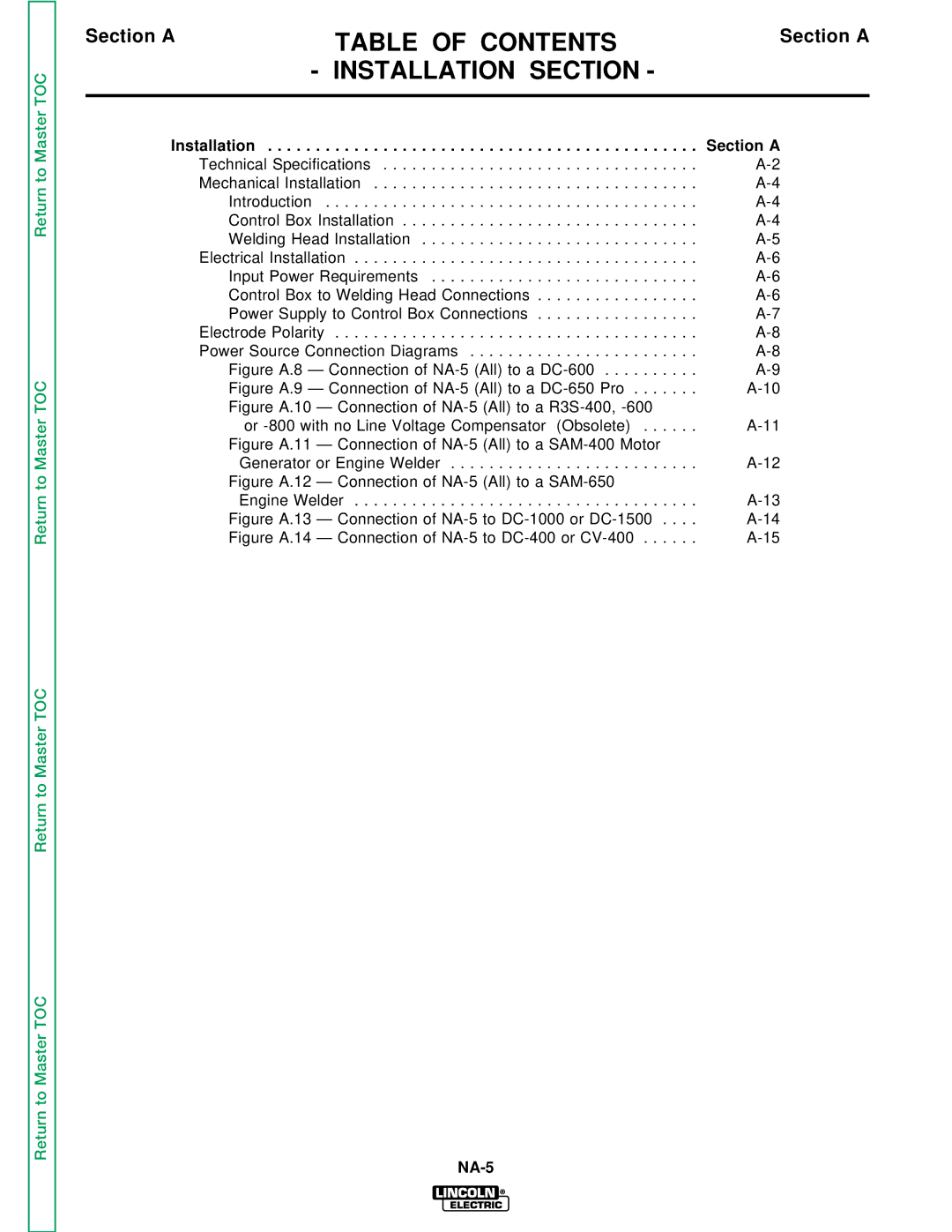 Lincoln Electric NA-5NF, NA-5SF service manual Table of Contents, Installation Section a 