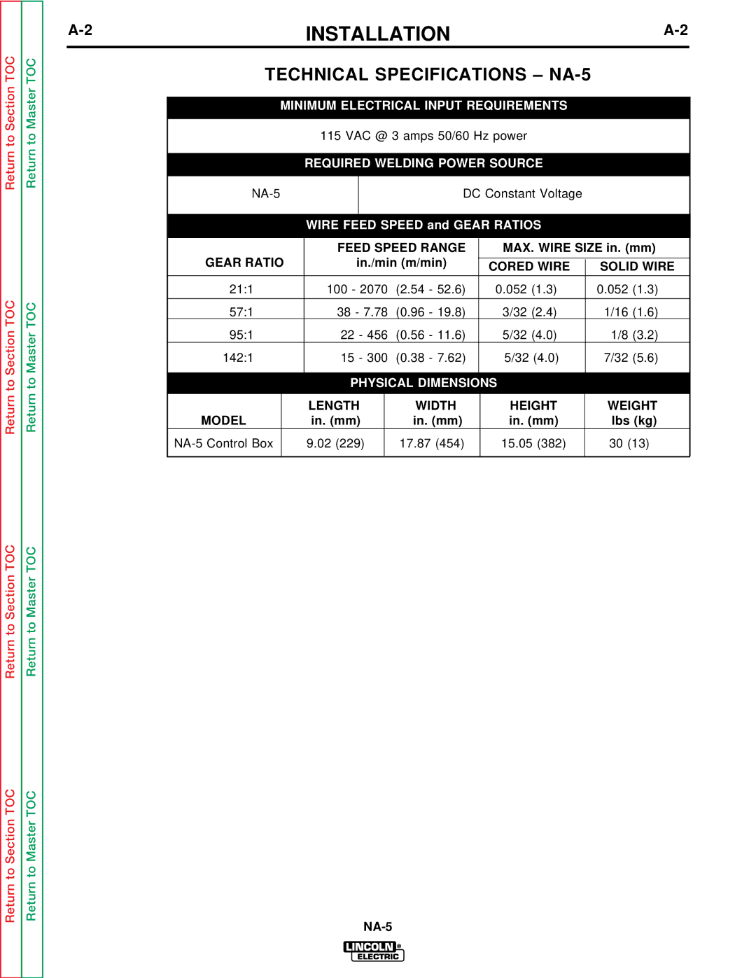 Lincoln Electric NA-5NF, NA-5SF service manual Installation, Technical Specifications NA-5 