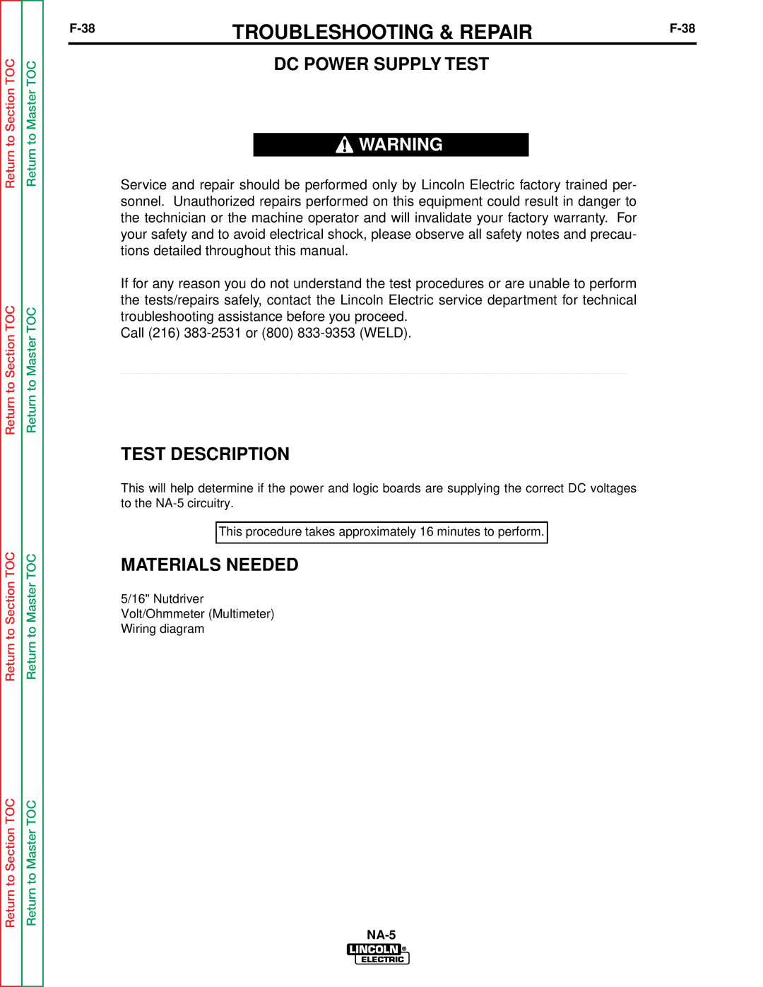 Lincoln Electric NA-5SF, NA-5NF service manual DC Power Supply Test, Test Description, Materials Needed 